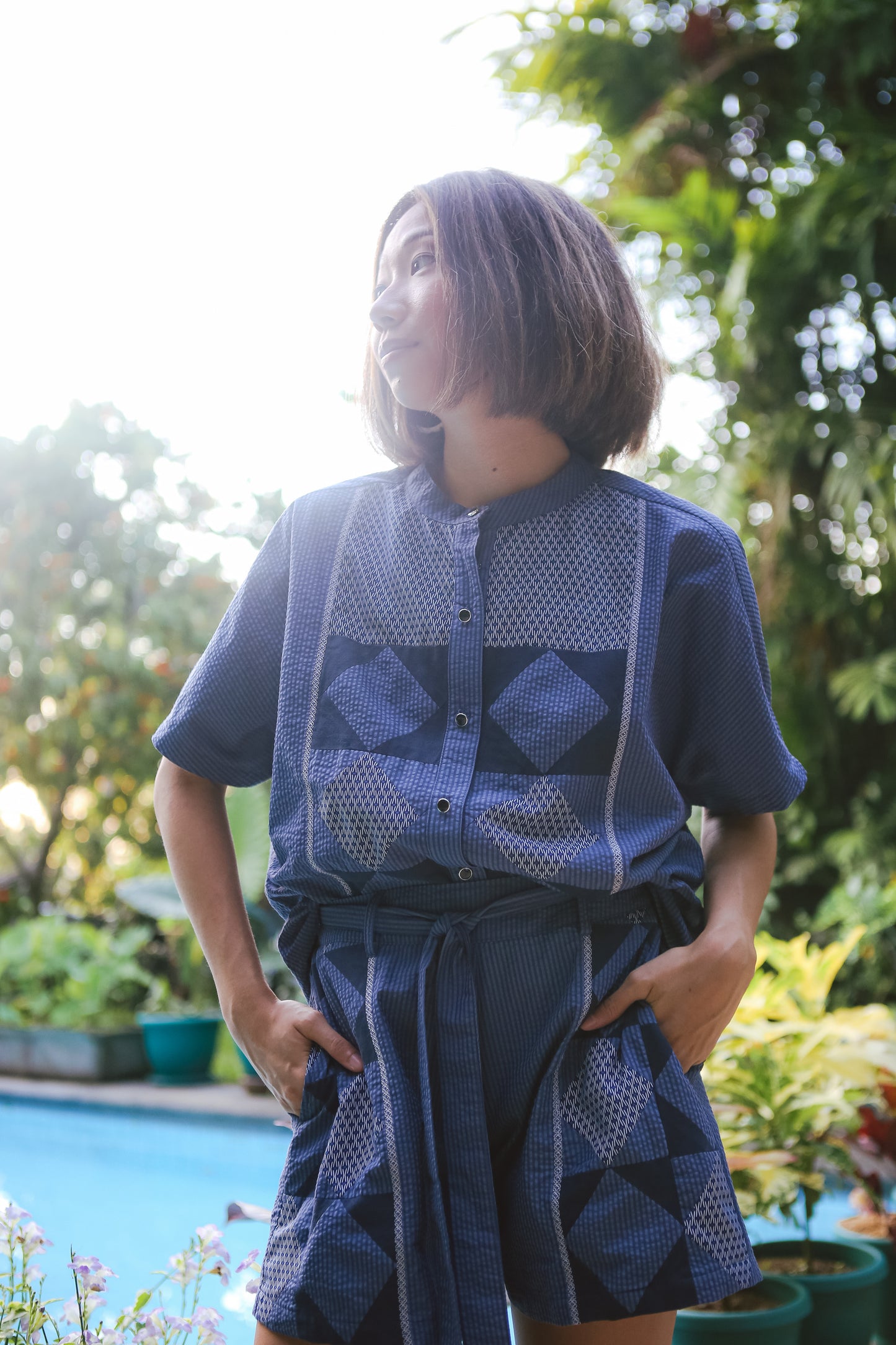 Ulap Patchwork Buttondown Top in Navy Blue